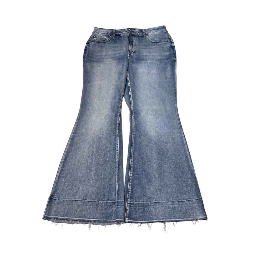 Judy Blue Flare Jeans Women 14W 35X30 Medium Wash Raw Hem High Rise Bell Bottoms